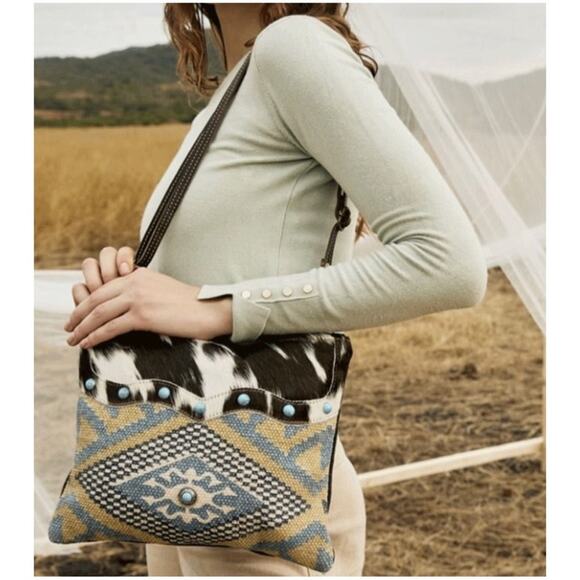 Myra Women’s Tapestry Leather Turquoise Stud Crossbody Bag Boho Concho Western - Picture 1 of 14